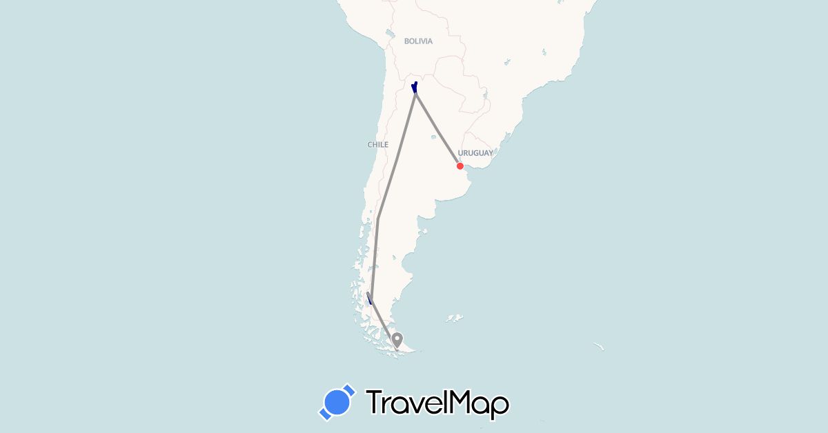 TravelMap itinerary: driving, plane, hiking in Argentina (South America)